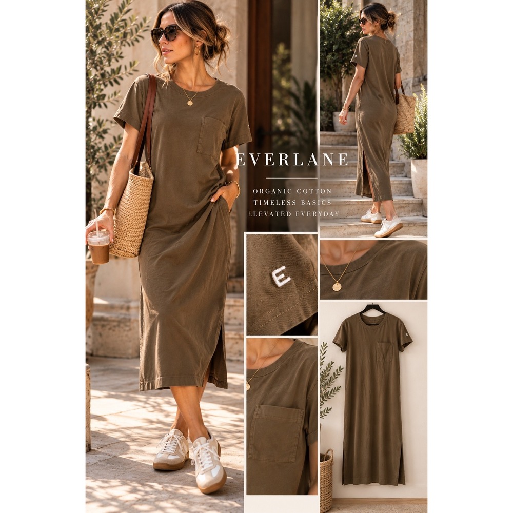 Everlane Organic Cotton Maxi T Shirt Dress S Olive Brown Pocket Minimalist